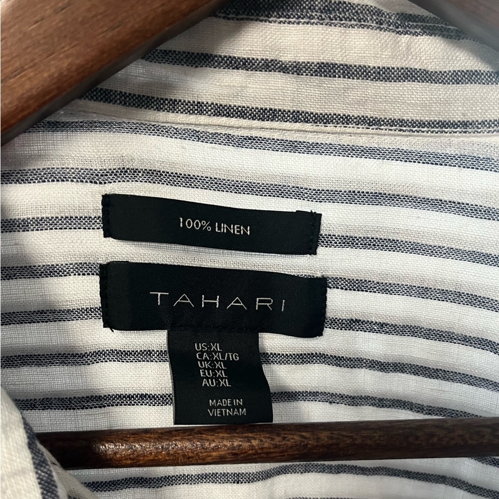 Tahari 100% Linen Blue and White Striped Shirt Button Up Shirt Size  XL - Picture 5 of 16